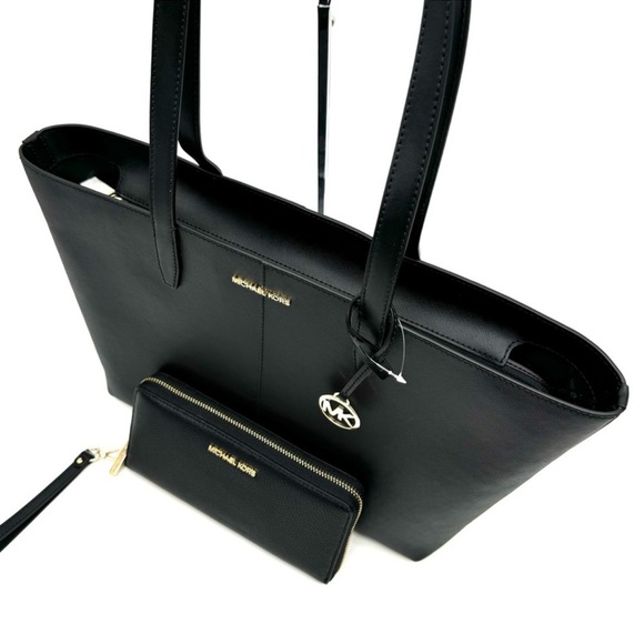 Michael Kors Medium Jet Set Travel Zip Tote Bag & Continental Wallet Black/Gold - Picture 10 of 13